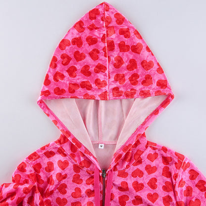 GymJoy Women’s Pink Heart Print Velvet Crop Hoodie