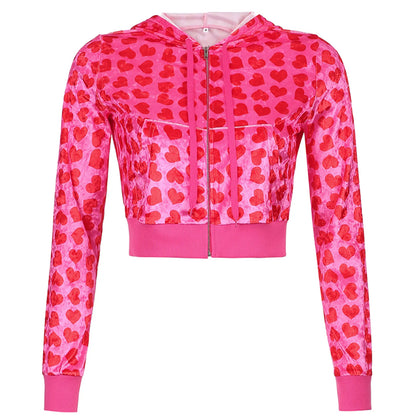 GymJoy Women’s Pink Heart Print Velvet Crop Hoodie