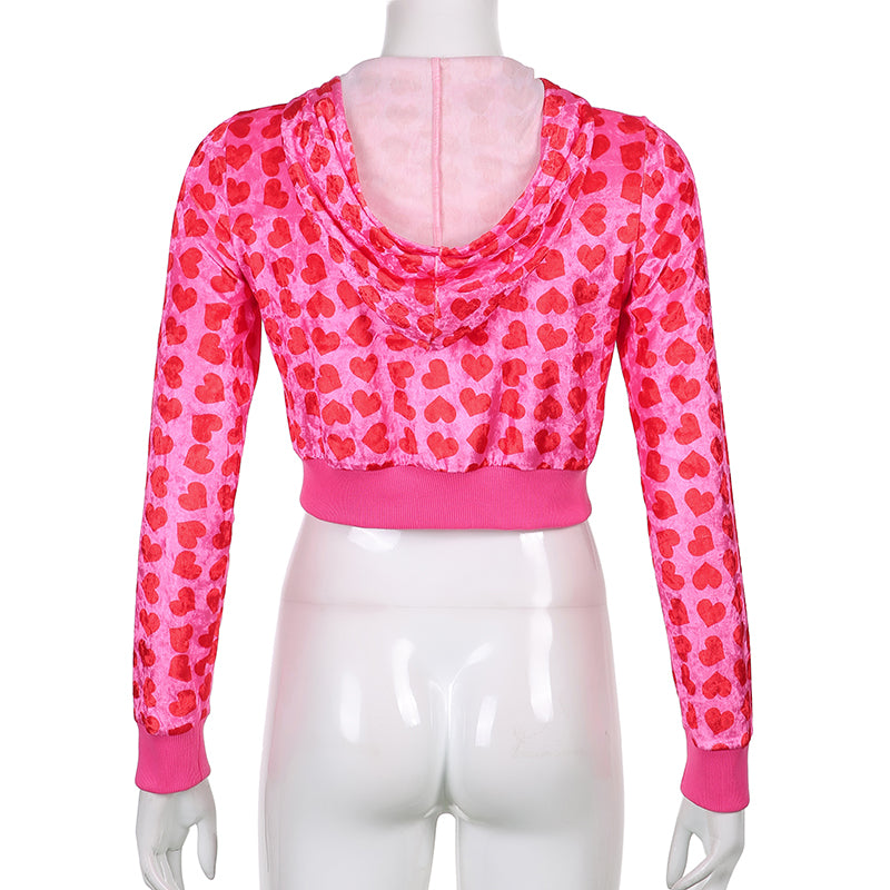 GymJoy Women’s Pink Heart Print Velvet Crop Hoodie