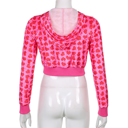 GymJoy Women’s Pink Heart Print Velvet Crop Hoodie