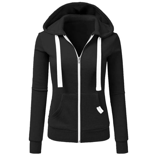 GymJoy's Women’s Casual Zipper Hoodie Jacket – Solid Color Long Sleeve Coat