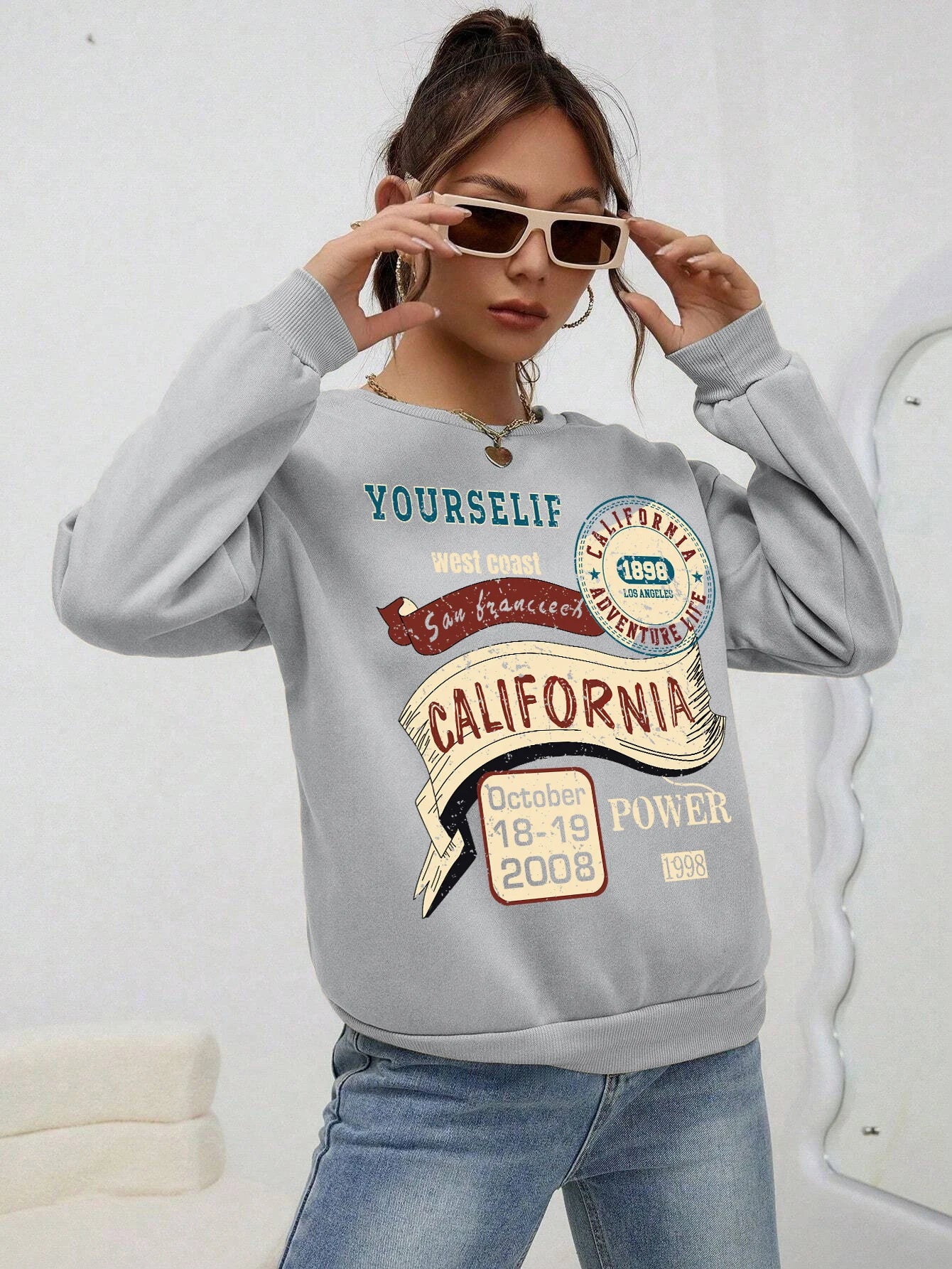 GymJoy's California Letter Printed Women's Sweatshirt – Vintage Fleece Casual Hoodie