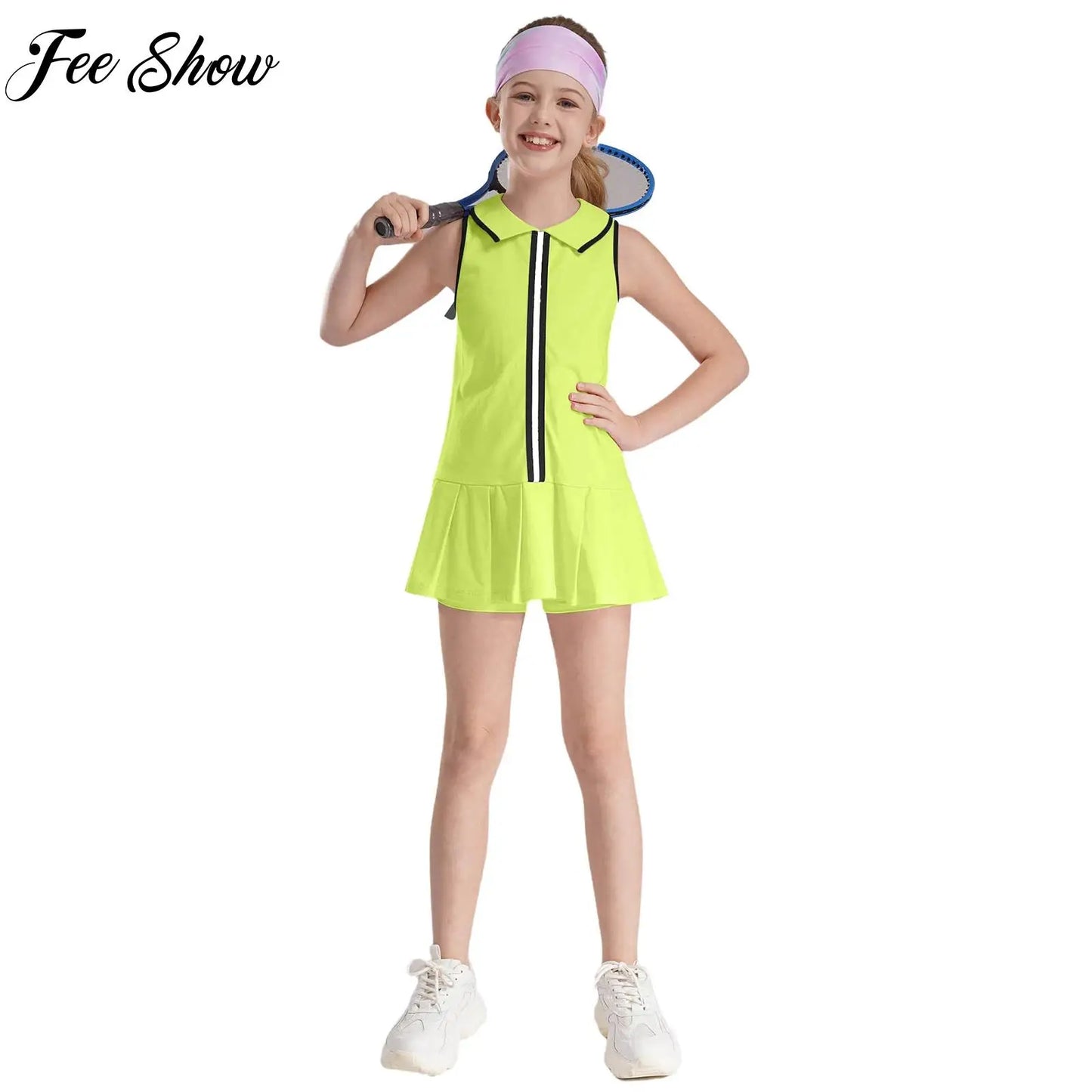 GymJoy's Girls Pleated Tennis & Sports Dress Set – Comfortable Sleeveless Outfit with Shorts