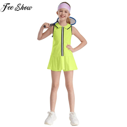 GymJoy's Girls Pleated Tennis & Sports Dress Set – Comfortable Sleeveless Outfit with Shorts