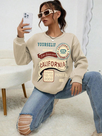 GymJoy's California Letter Printed Women's Sweatshirt – Vintage Fleece Casual Hoodie