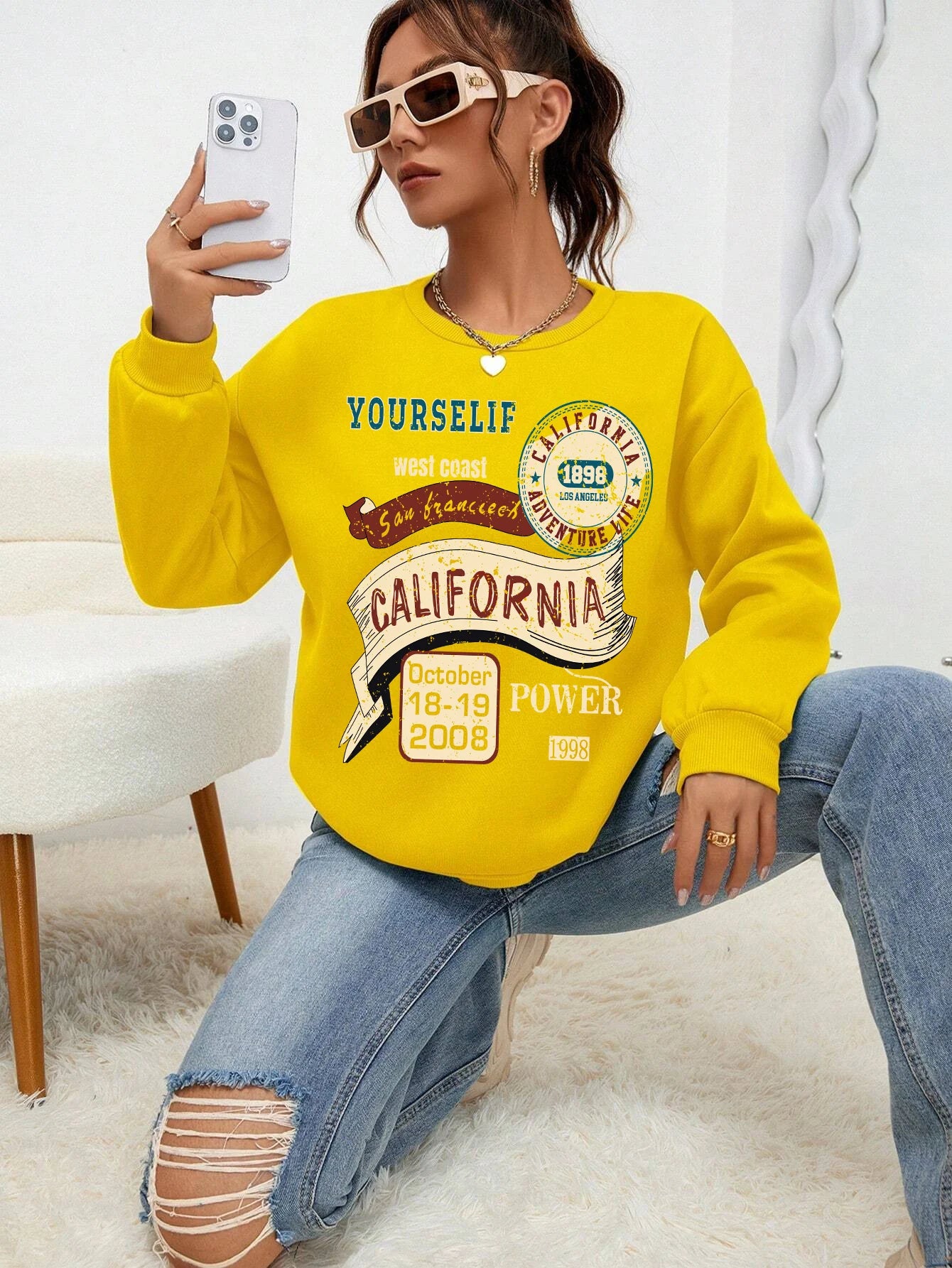 GymJoy's California Letter Printed Women's Sweatshirt – Vintage Fleece Casual Hoodie