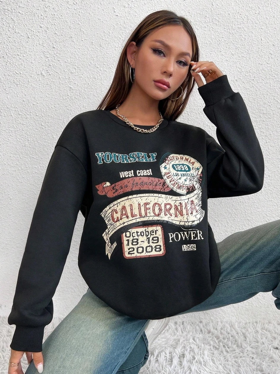 GymJoy's California Letter Printed Women's Sweatshirt – Vintage Fleece Casual Hoodie