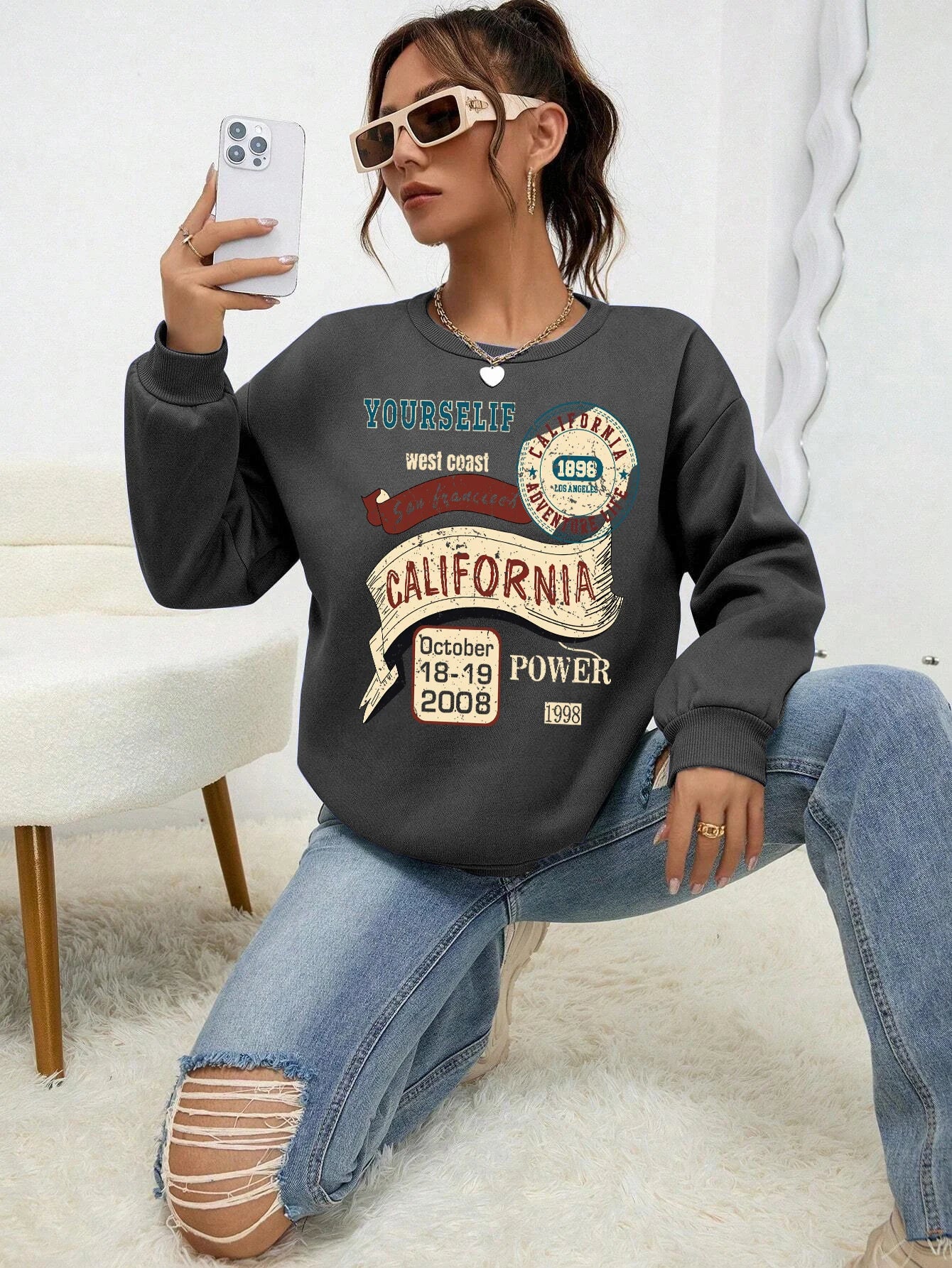 GymJoy's California Letter Printed Women's Sweatshirt – Vintage Fleece Casual Hoodie