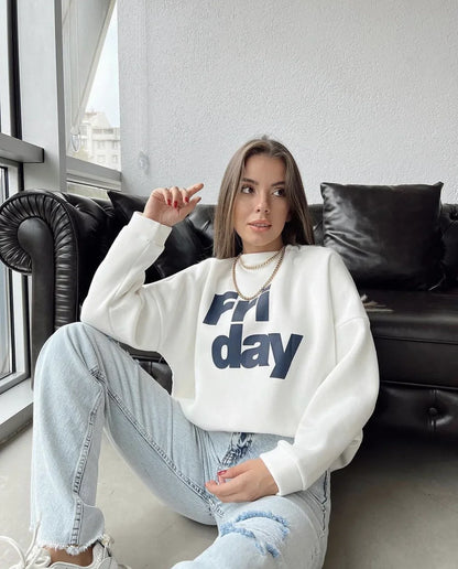 GymJoy's "Friday" Letter Print Sweatshirt – Casual Vintage Pullovers for Women