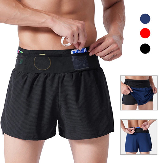 GymJoy's Double-Layer Quick-Dry Marathon Running Shorts with Zipper Pocket