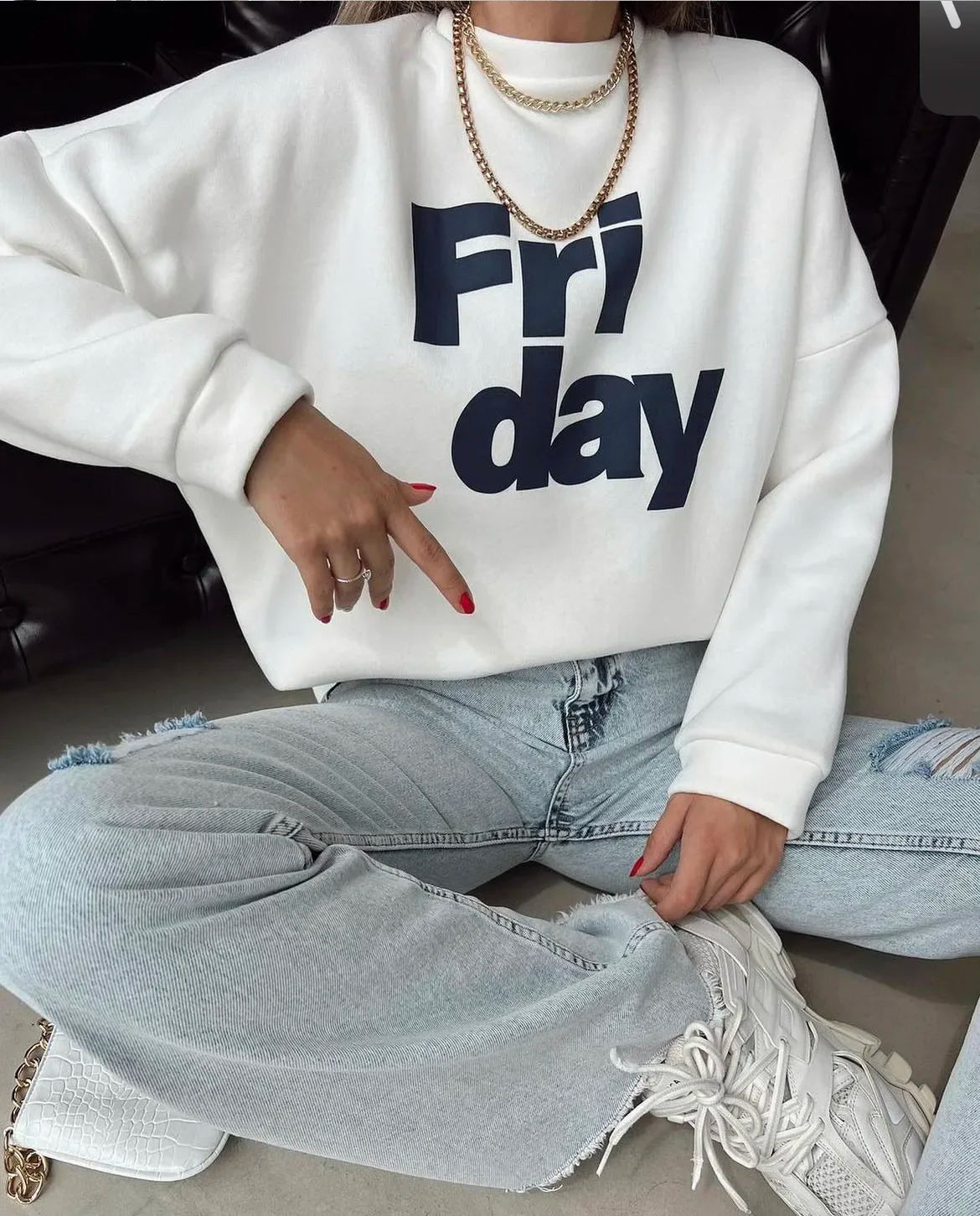 GymJoy's "Friday" Letter Print Sweatshirt – Casual Vintage Pullovers for Women